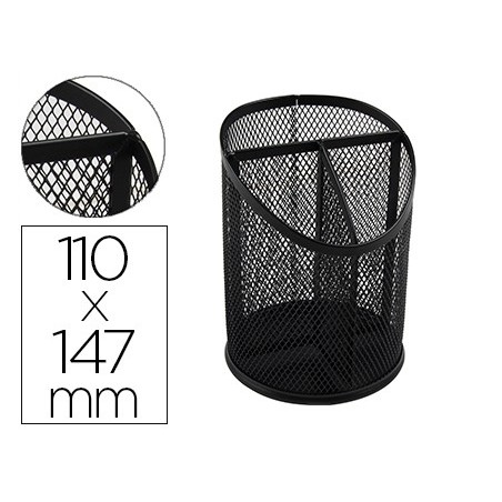 Cubilete portalapices q-connect negro metal redondo rejilla con 3 compartimentos diametro 110 mm alto 147 mm