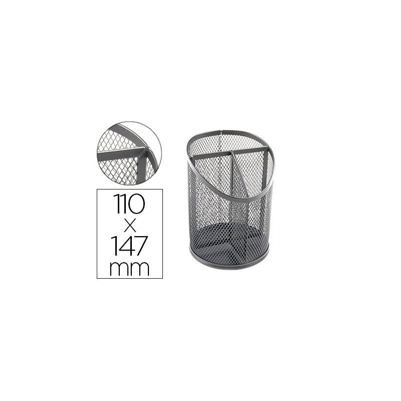 Cubilete portalapices q-connect plata metal redondo rejilla con 3 compartimentos diametro 110 mm alto 147 mm