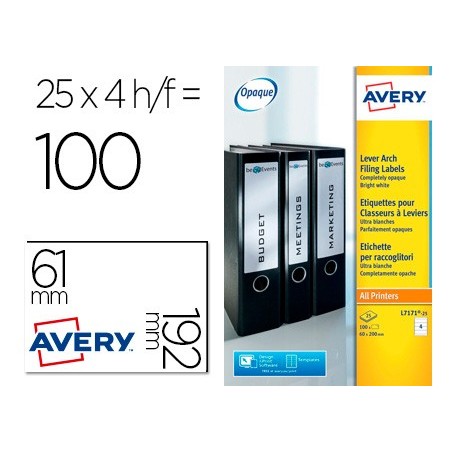Etiqueta adhesiva avery permanente blanca 61x192 mm para lomo archivador laser caja de 100 unidades