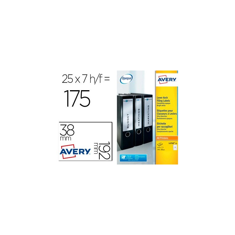 Etiqueta adhesiva avery permanente blanca 38x192 mm para lomo archivador laser caja de 175 unidades