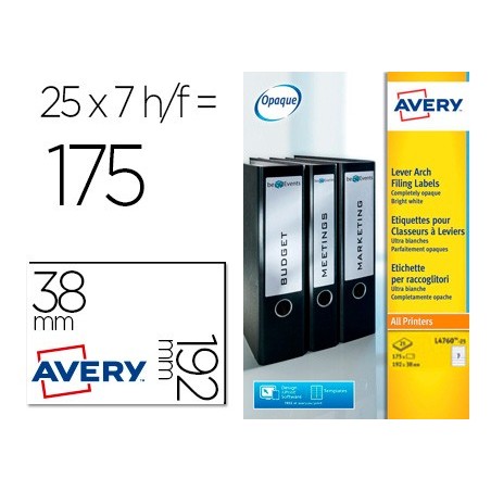 Etiqueta adhesiva avery permanente blanca 38x192 mm para lomo archivador laser caja de 175 unidades