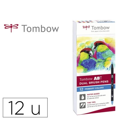 Rotulador tombow abt dual brush acuarelable doble punta fina/pincel estuche de 12 unidades colores primarios