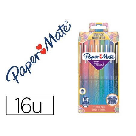 Rotulador paper mate flair original punta fibra tropical estuche rigido de 16 unidades colores surtidos
