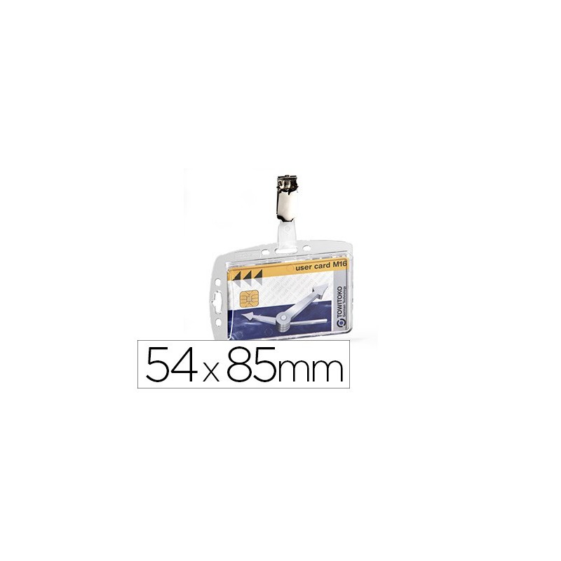 Identificador con pinza giratoria durable acrilico horizontal con uñero para pases de seguridad 54x85 mm