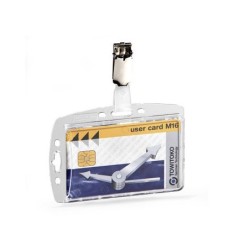 Identificador con pinza giratoria durable acrilico horizontal con uñero para pases de seguridad 54x85 mm