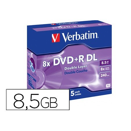 Dvdr verbatim doble capa capacidad 8.5gb velocidad 8x 240 min pack de 5 unidades