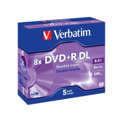 Dvdr verbatim doble capa capacidad 8.5gb velocidad 8x 240 min pack de 5 unidades