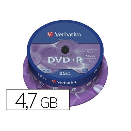 Dvdr verbatim capacidad 4.7gb velocidad 16x 120 min tarrina de 25 unidades