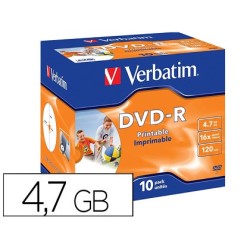 Dvd-r verbatim imprimible capacidad 4.7gb velocidad 16x 120 min pack de 10 unidades