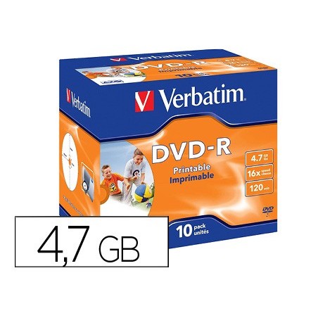 Dvd-r verbatim imprimible capacidad 4.7gb velocidad 16x 120 min pack de 10 unidades