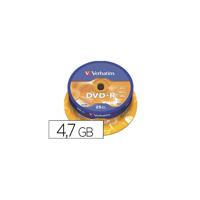 Dvd-r verbatim capacidad 4.7gb velocidad 16x 120 min tarrina de 25 unidades Dvd-r verbatim capacidad 4.7gb velocidad 16x 120 min tarrina de 25 unidades