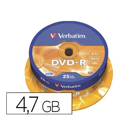Dvd-r verbatim capacidad 4.7gb velocidad 16x 120 min tarrina de 25 unidades