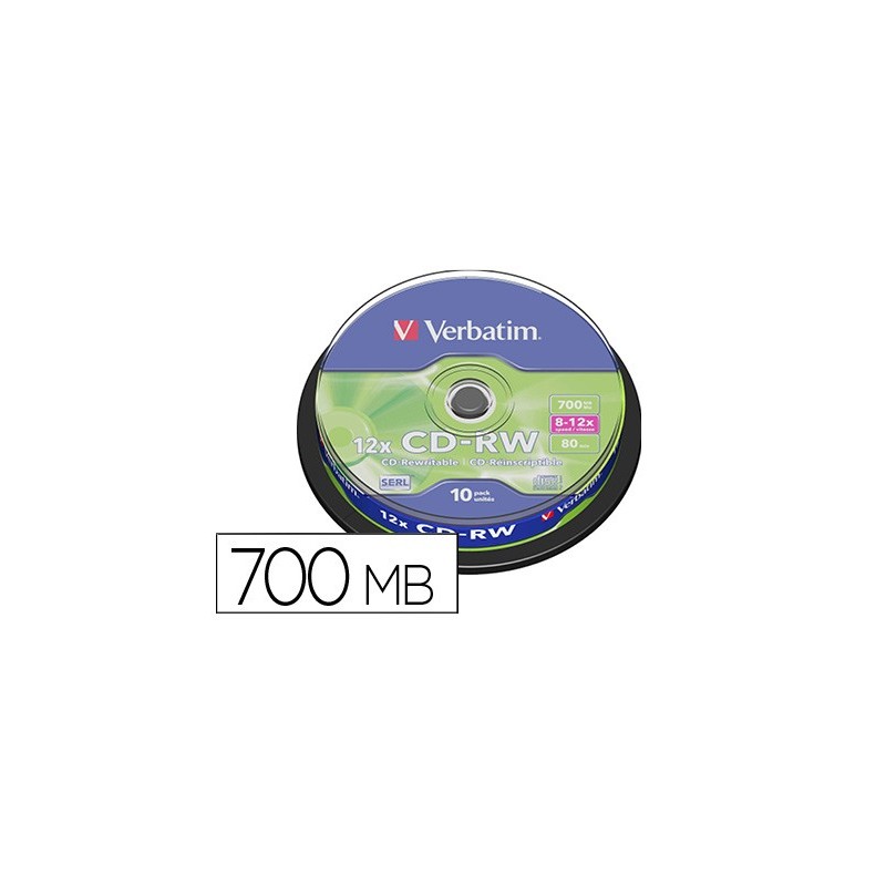 Cd-rw verbatim serl capacidad 700mb velocidad 12x 80 min tarrina de 10 unidades Cd-rw verbatim serl capacidad 700mb velocidad 12x 80 min tarrina de 10 unidades