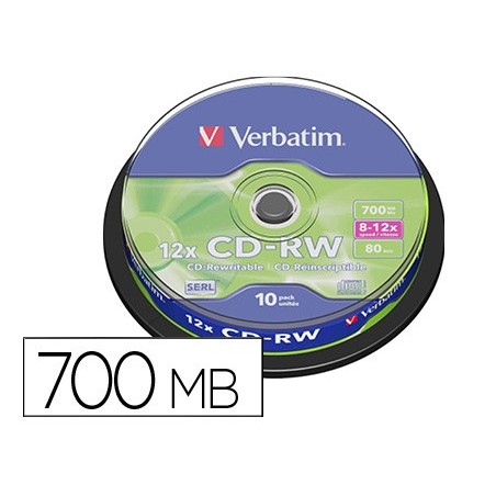 Cd-rw verbatim serl capacidad 700mb velocidad 12x 80 min tarrina de 10 unidades