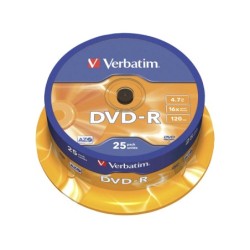 Dvd-r verbatim capacidad 4.7gb velocidad 16x 120 min tarrina de 25 unidades