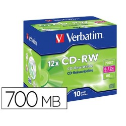 Cd-rw verbatim serl capacidad 700mb velocidad 12x 80 min pack de 10 unidades