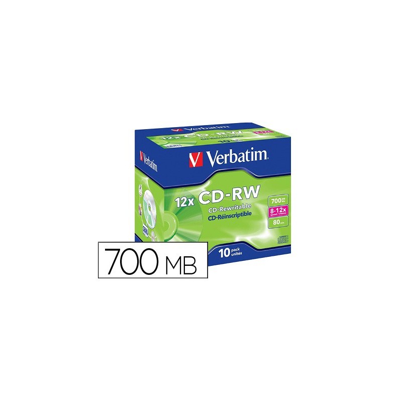 Cd-rw verbatim serl capacidad 700mb velocidad 12x 80 min pack de 10 unidades Cd-rw verbatim serl capacidad 700mb velocidad 12x 80 min pack de 10 unidades