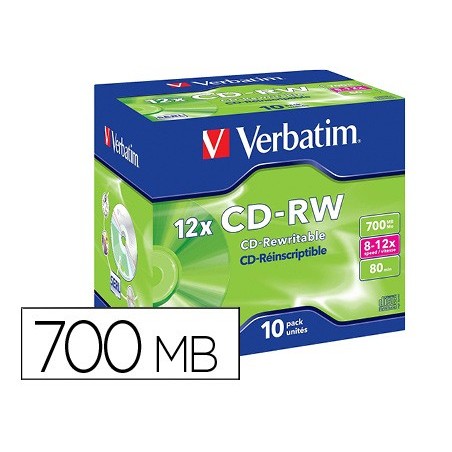 Cd-rw verbatim serl capacidad 700mb velocidad 12x 80 min pack de 10 unidades