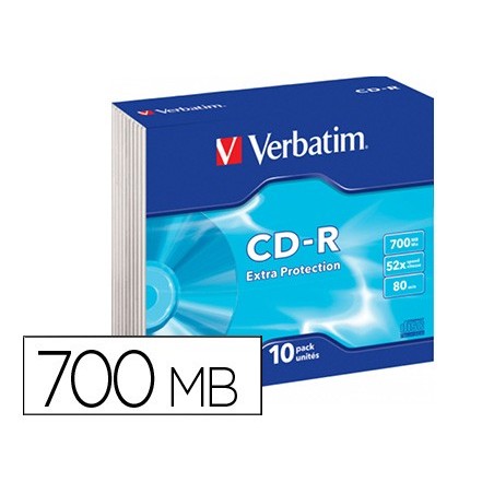 Cd-rom verbatim extra proteccion capacidad 700mb velocidad 52x 80 min pack de 10 unidades caja slim