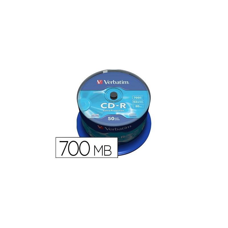 Cd-r verbatim capacidad 700mb velocidad 52x 80 min tarrina de 50 unidades Cd-r verbatim capacidad 700mb velocidad 52x 80 min tarrina de 50 unidades