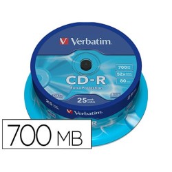Cd-r verbatim capacidad 700mb velocidad 52x 80 min tarrina de 25 unidades