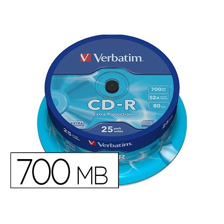 Cd-r verbatim capacidad 700mb velocidad 52x 80 min tarrina de 25 unidades