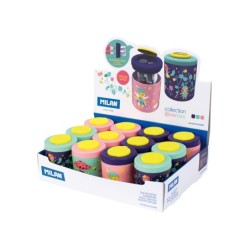 Sacapuntas milan 2 usos con deposito fairy tale expositor de 12 unidades colores surtidos