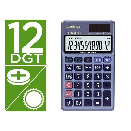 Calculadora casio sl-320ter bolsillo 12 digitos tax /- conversion moneda tecla doble cero color azul