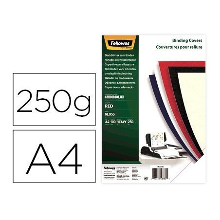 Tapa de encuadernacion fellowes din a4 carton brillo rojo chromolux 250 gr pack de 100 unidades