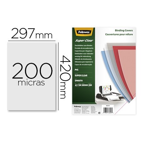 Tapa de encuadernacion fellowes din a3 pvc transparente cristal 200 micras pack de 100 unidades