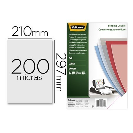 Tapa de encuadernacion fellowes din a4 pvc transparente cristal 200 micras pack de 100 unidades