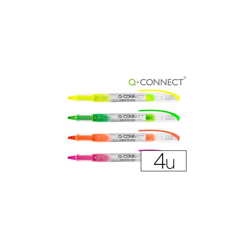 Rotulador q-connect fluorescente punta biselada tinta liquida bolsa de 4 unidades colores surtidos Rotulador q-connect fluorescente punta biselada tinta liquida bolsa de 4 unidades colores surtidos