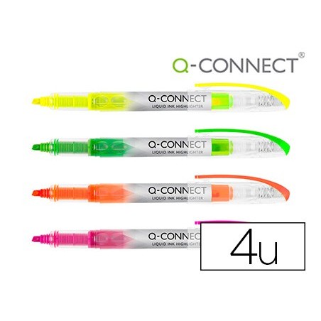 Rotulador q-connect fluorescente punta biselada tinta liquida bolsa de 4 unidades colores surtidos