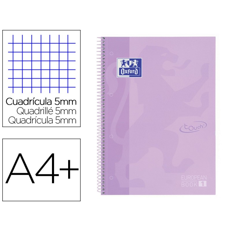 Cuaderno espiral oxford ebook 1 school touch te din a4 80 hojas cuadro 5 mm con margen malva pastel