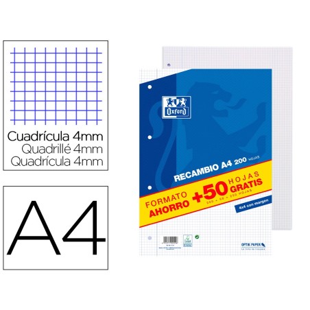 Recambio oxford din a4 200  50 hojas gratis cuadro 4 mm con margen