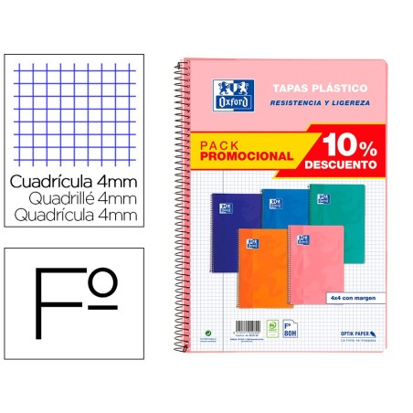 Cuaderno espiral oxford tapa plastico folio 80 hojas cuadro 4 mm pack 5 unidades colores tendecias