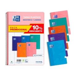 Cuaderno espiral oxford tapa plastico folio 80 hojas cuadro 4 mm pack 5 unidades colores tendecias