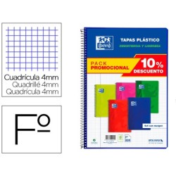 Cuaderno espiral oxford tapa plastico folio 80 hojas cuadro 4 mm pack 5 unidades colores vivos