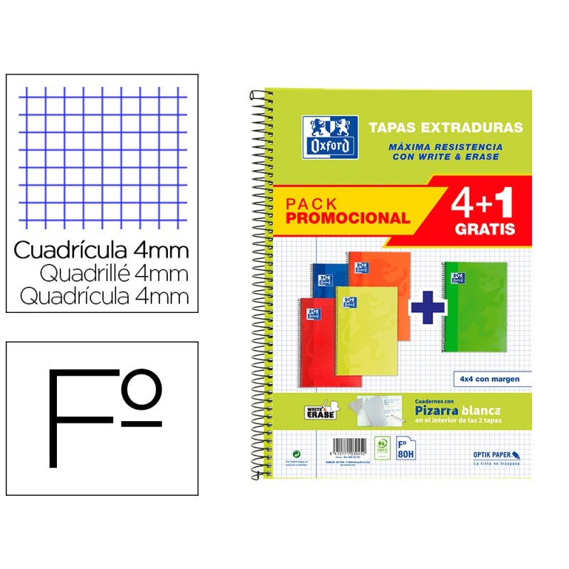 Cuaderno espiral oxford tapa extradura folio 80 hojas cuadro 4 mm con pizarra blancapack 41 colores clasicos