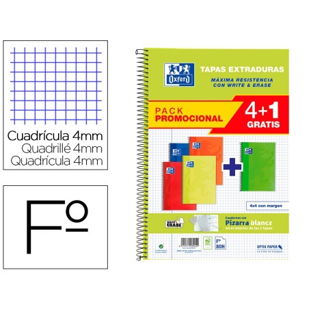 Cuaderno espiral oxford tapa extradura folio 80 hojas cuadro 4 mm con pizarra blancapack 41 colores clasicos