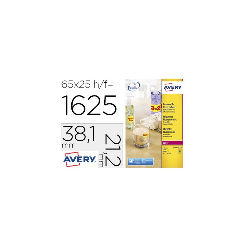 Etiqueta adhesiva avery tamaño 38,1x21,2 mm removible amarillo fluorescente caja de 1625 unidades