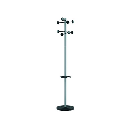 Perchero metalico unilux accueil pie 8 colgadores con paraguero y bandeja goteo gris metalizado 177x38 cm