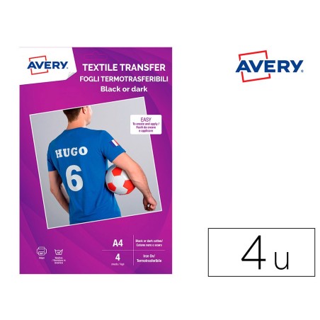 Papel transfer avery algodon oscuros ink-jet din a4 pack de 4 hoja