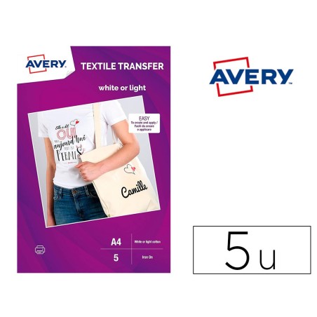 Papel transfer avery algodon claros ink-jet din a4 pack de 5 hojas