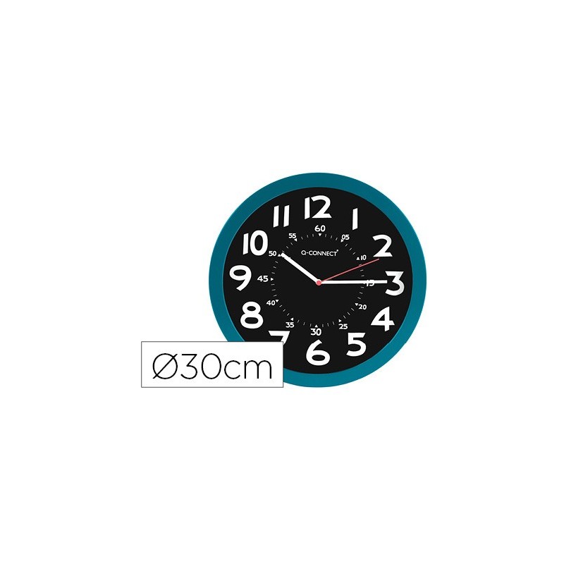 Reloj q-connect de pared plastico oficina redondo 30 cm color azul y esfera color negro