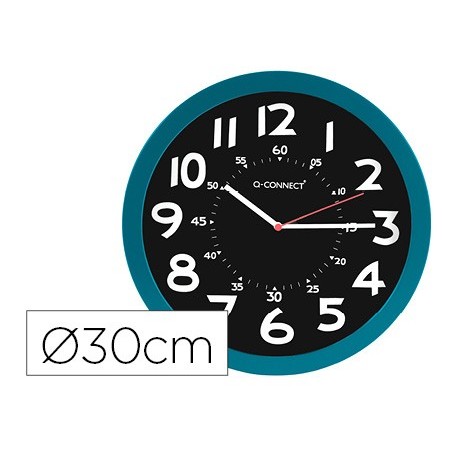 Reloj q-connect de pared plastico oficina redondo 30 cm color azul y esfera color negro