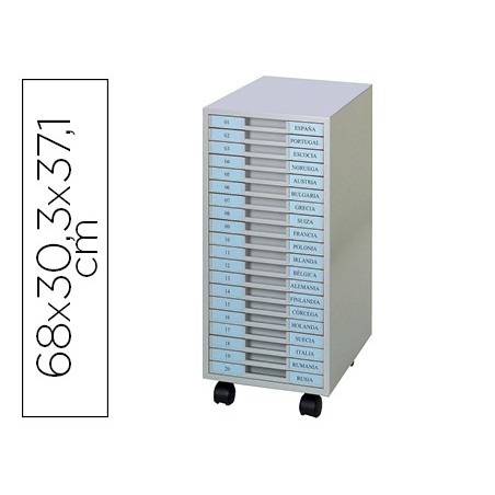 Archivador metalico clen 20 bandejas plastico de 2,5 cm de altura con ruedas color gris claro 680x303x371 mm