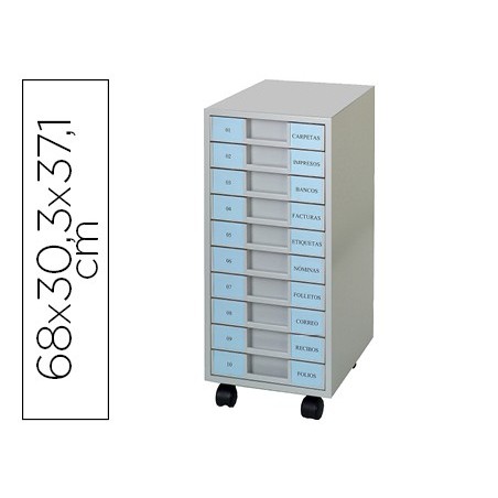 Archivador metalico clen 10 bandejas plastico de 5,5 cm de altura con ruedas color gris claro 680x303x371 mm