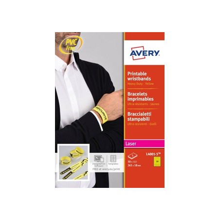 Pulsera identificativa avery polietileno amarillo fluorescente imprimible laser 265x18 mm pack de 50 unidades
