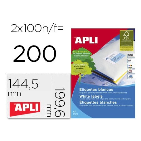 Etiqueta adhesiva apli 2423 tamaño 199,6x144,5 mm fotocopiadora laser ink-jet caja con 100 hojas din a4